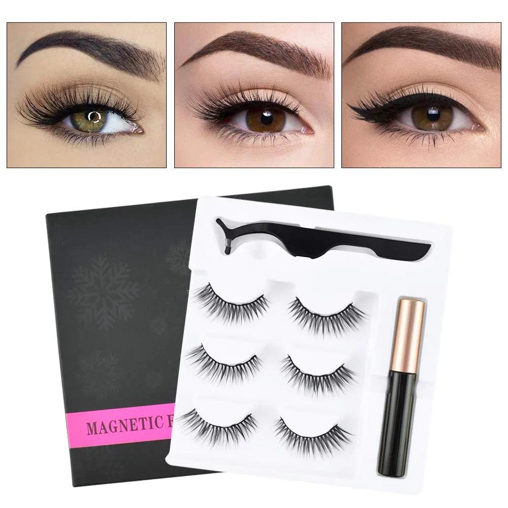 3 Pairs Magnetic Eyelash With Magnetic Liquid Eyeliner & Tweezer khubsurti.pk