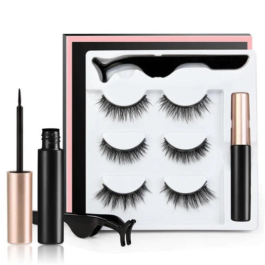3 Pairs Magnetic Eyelash With Magnetic Liquid Eyeliner & Tweezer khubsurti.pk