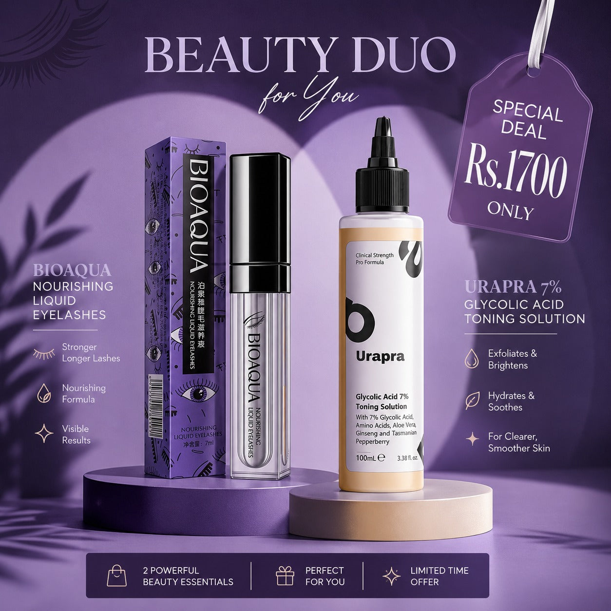 Beauty Duo Skincare Deal – Bioaqua Eyelash Serum & Urapra Glycolic Acid Toning Solution