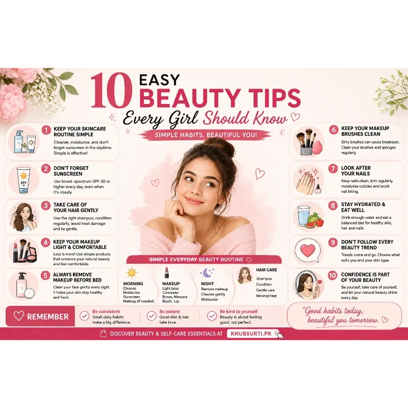 10 easy beauty tips for girls, including skincare, sunscreen, hair care, makeup, nail care, hydration, clean beauty tools, and a simple daily beauty routine.