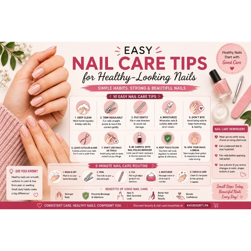 Easy nail care tips for healthy-looking nails, including trimming, gentle filing, moisturizing cuticles, keeping nails clean, and a simple 5-minute nail care routine.