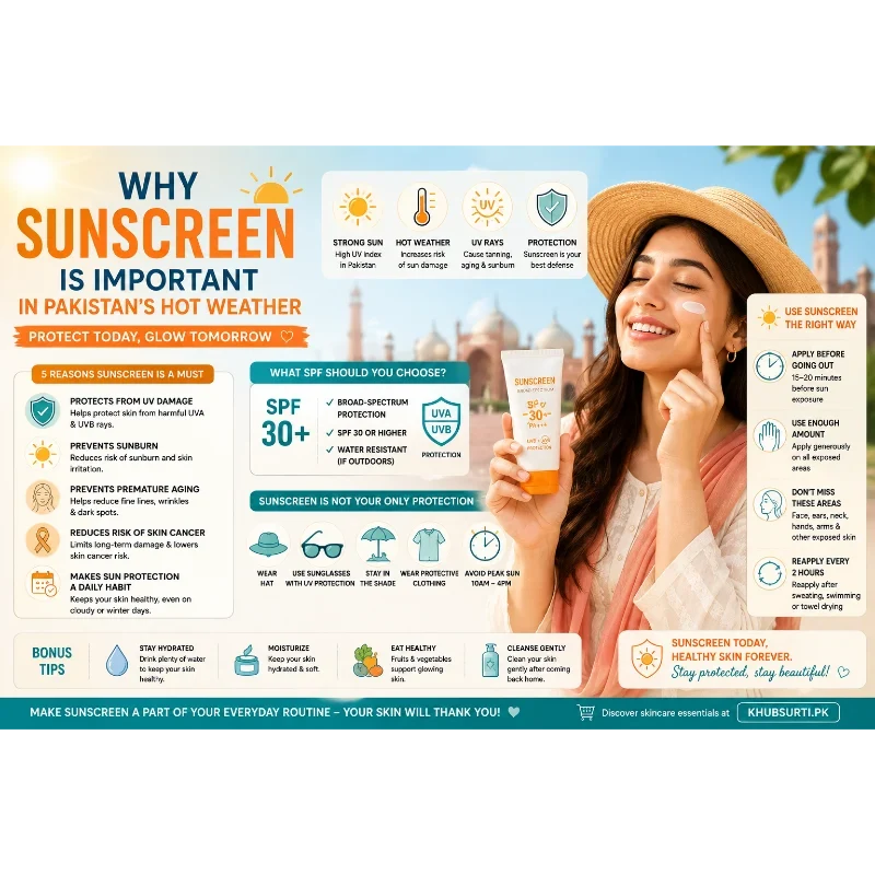 Sunscreen benefits in Pakistan's hot weather, showing SPF 30+ sun protection, UV protection, proper sunscreen application, reapplication, and everyday skincare tips.