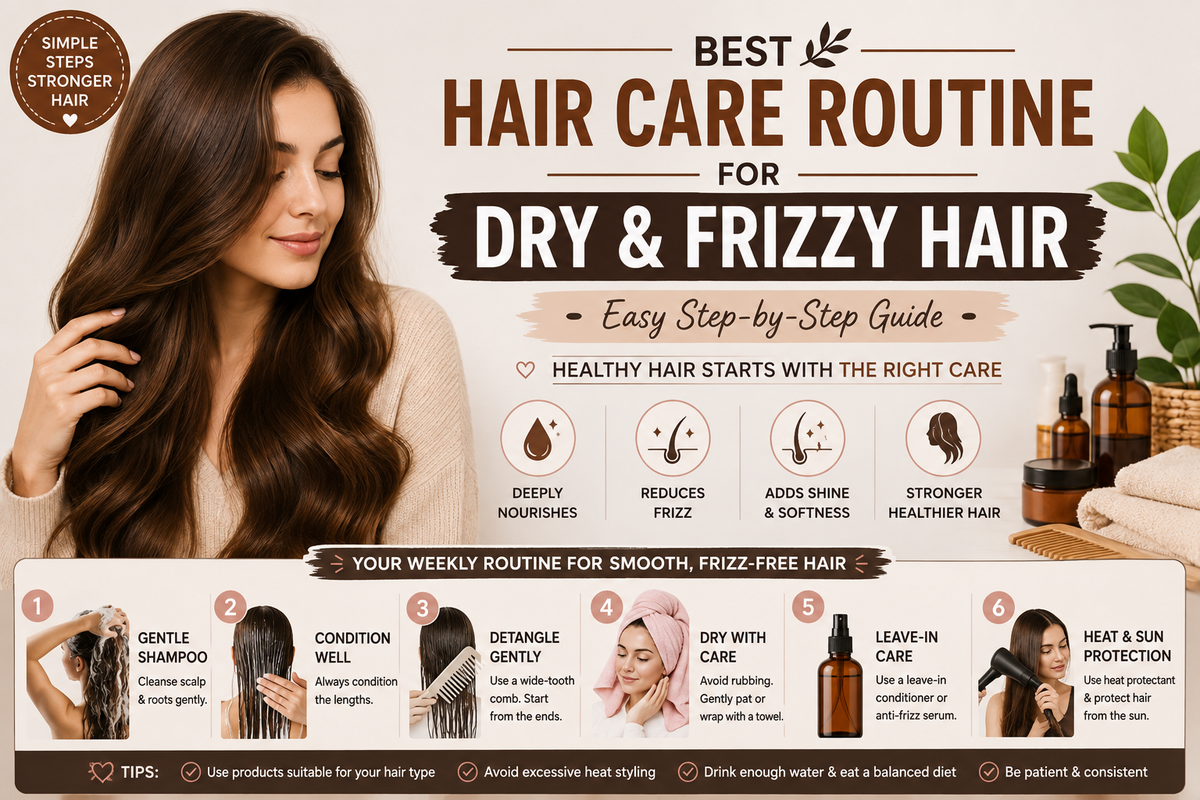 Best hair care routine for dry and frizzy hair with step-by-step tips for shampooing, conditioning, detangling, drying, leave-in care, and heat protection.