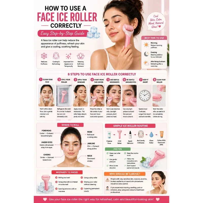 How to use a face ice roller correctly, with step-by-step facial rolling techniques, skincare routine, benefits, cleaning tips, and precautions for refreshed-looking skin.