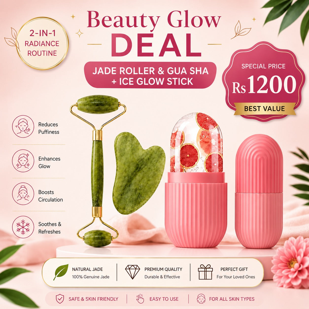 Beauty Glow Deal – Jade Roller, Gua Sha Sheet & Face Glow Ice Roller Set
