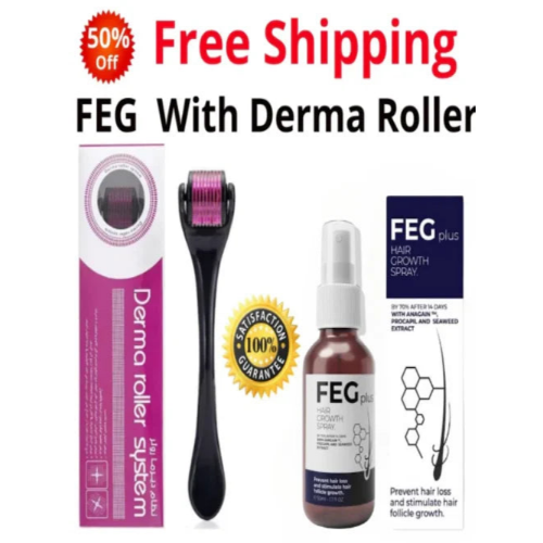 FEG Plus Hair Growth Spray with 0.5mm Titanium Derma Roller Hair and Skin Care Bundle