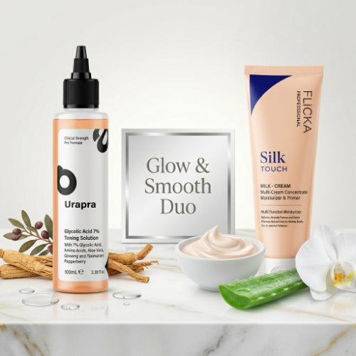 Flicka Silk Touch Primer and Urapra 7% Glycolic Acid Toning Solution displayed side by side on a clean white background,