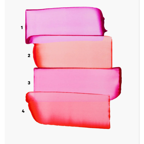HUDA MOJI colorful lipstick collection featuring pink, coral, and red lipstick tubes with matching product packaging arranged on a soft pastel background.
