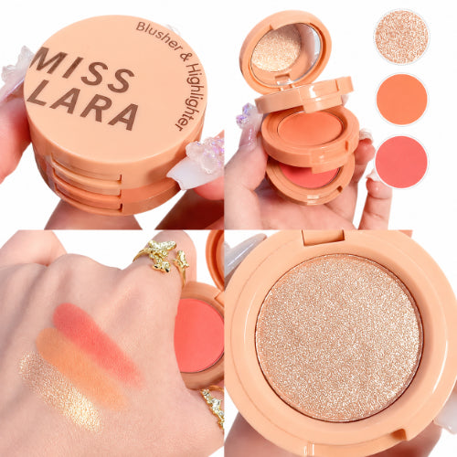 MISS LARA 3-in-1 Matte Blush and Highlighter Palette with mirror in a compact peach case.