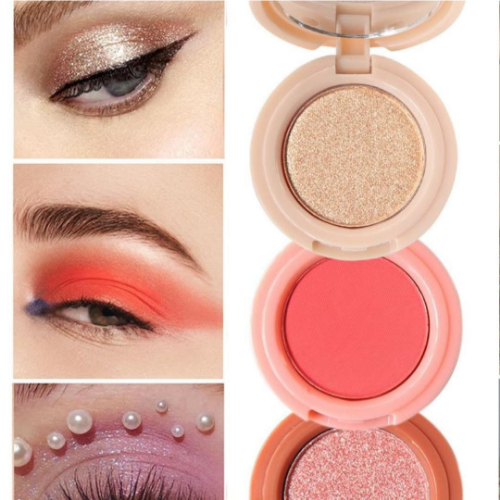 MISS LARA 3-in-1 Matte Blush and Highlighter Palette with mirror in a compact peach case.