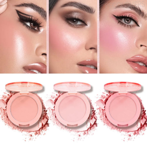 MISS LARA 3-in-1 Matte Blush and Highlighter Palette with mirror in a compact peach case.