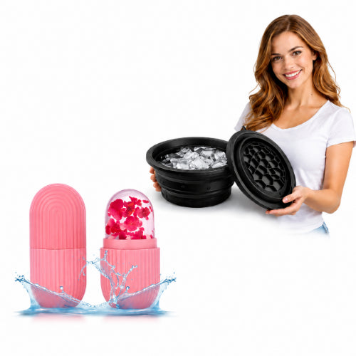 "Silicone Ice Facial Bowl and Ice Face Roller Combo on a white background."