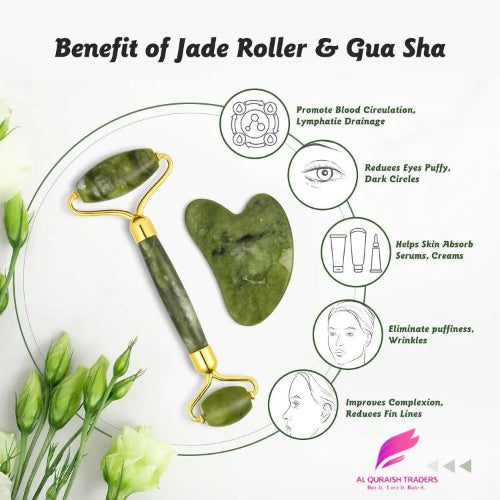 Green jade facial roller and heart-shaped gua sha stone for facial massage and skincare on a clean white background.