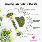 Green jade facial roller and heart-shaped gua sha stone for facial massage and skincare on a clean white background.