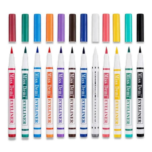 Miss Demi colorful liquid eyeliners arranged in a row, featuring multiple vibrant shades including red, green, blue, orange, purple, brown, pink, yellow, and black.