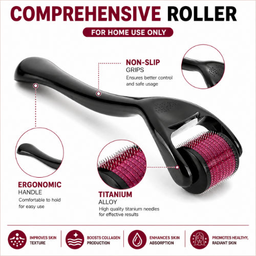 540 titanium microneedle derma roller with ergonomic handle for facial skincare, acne scar treatment, and hair growth therapy.