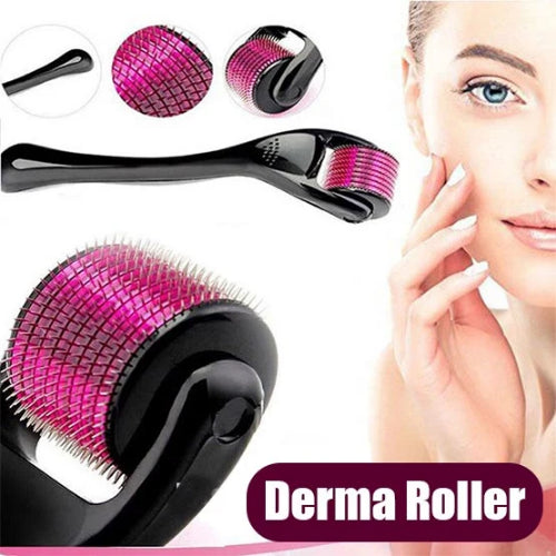 540 titanium microneedle derma roller with ergonomic handle for facial skincare, acne scar treatment, and hair growth therapy.