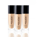 Miss Rose Oil-Free Liquid Foundation in three 30ml bottles with black caps