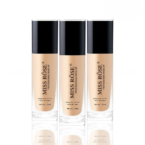 Miss Rose Oil-Free Liquid Foundation in three 30ml bottles with black caps