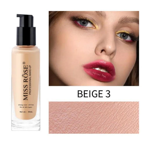 Miss Rose Oil-Free Liquid Foundation in three 30ml bottles with black caps