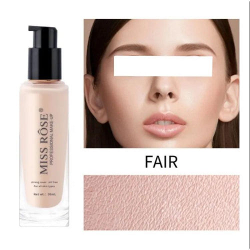 Miss Rose Oil-Free Liquid Foundation in three 30ml bottles with black caps