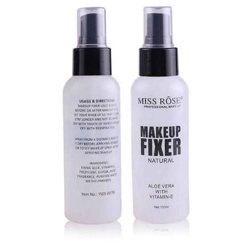 Miss Rose Natural Makeup Fixer spray with Aloe Vera and Vitamin E in a 100ml bottle.