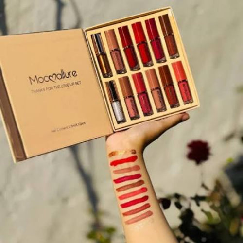 Mocallure Thanks For The Love Lip Set 12-piece makeup collection in beige packaging.