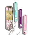 Portable mini hair straightener in pink, mint green, and purple colors with USB power cable and travel storage case for quick hair styling.