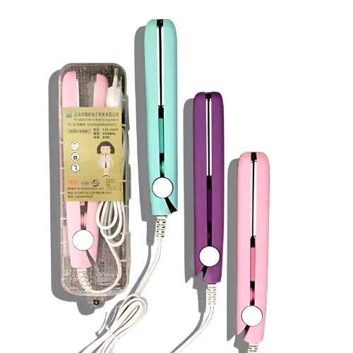 Portable mini hair straightener in pink, mint green, and purple colors with USB power cable and travel storage case for quick hair styling.