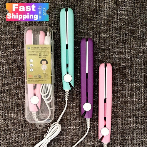 Portable mini hair straightener in pink, mint green, and purple colors with USB power cable and travel storage case for quick hair styling.
