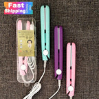 Portable mini hair straightener in pink, mint green, and purple colors with USB power cable and travel storage case for quick hair styling.