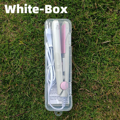 Portable mini hair straightener in pink, mint green, and purple colors with USB power cable and travel storage case for quick hair styling.