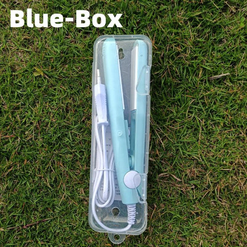 Portable mini hair straightener in pink, mint green, and purple colors with USB power cable and travel storage case for quick hair styling.