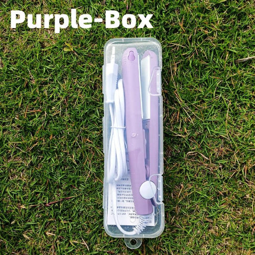 Portable mini hair straightener in pink, mint green, and purple colors with USB power cable and travel storage case for quick hair styling.