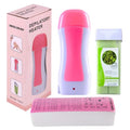 Pink roll-on wax heater with green wax cartridge and waxing strip for easy, smooth body hair removal at home.