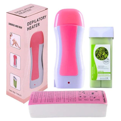Pink roll-on wax heater with green wax cartridge and waxing strip for easy, smooth body hair removal at home.