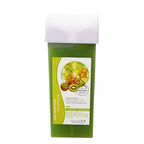 Pink roll-on wax heater with green wax cartridge and waxing strip for easy, smooth body hair removal at home.