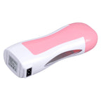 Pink roll-on wax heater with green wax cartridge and waxing strip for easy, smooth body hair removal at home.