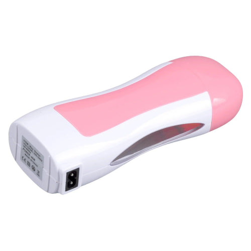 Pink roll-on wax heater with green wax cartridge and waxing strip for easy, smooth body hair removal at home.