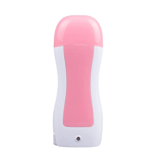 Pink roll-on wax heater with green wax cartridge and waxing strip for easy, smooth body hair removal at home.