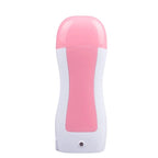 Pink roll-on wax heater with green wax cartridge and waxing strip for easy, smooth body hair removal at home.