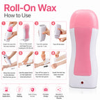 Pink roll-on wax heater with green wax cartridge and waxing strip for easy, smooth body hair removal at home.