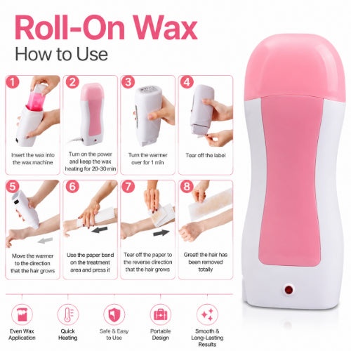 Pink roll-on wax heater with green wax cartridge and waxing strip for easy, smooth body hair removal at home.