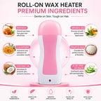 Pink roll-on wax heater with green wax cartridge and waxing strip for easy, smooth body hair removal at home.