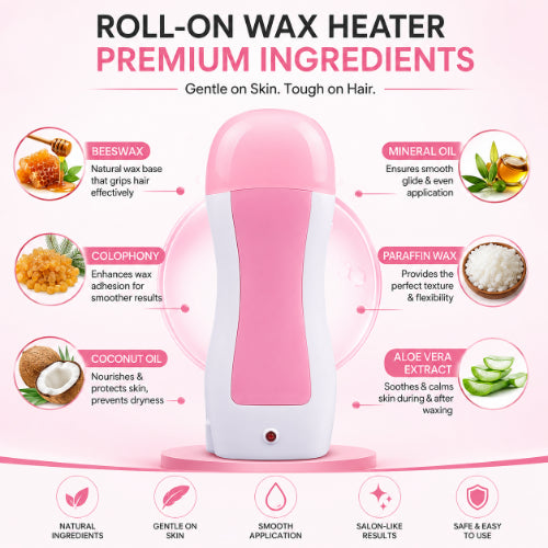 Pink roll-on wax heater with green wax cartridge and waxing strip for easy, smooth body hair removal at home.