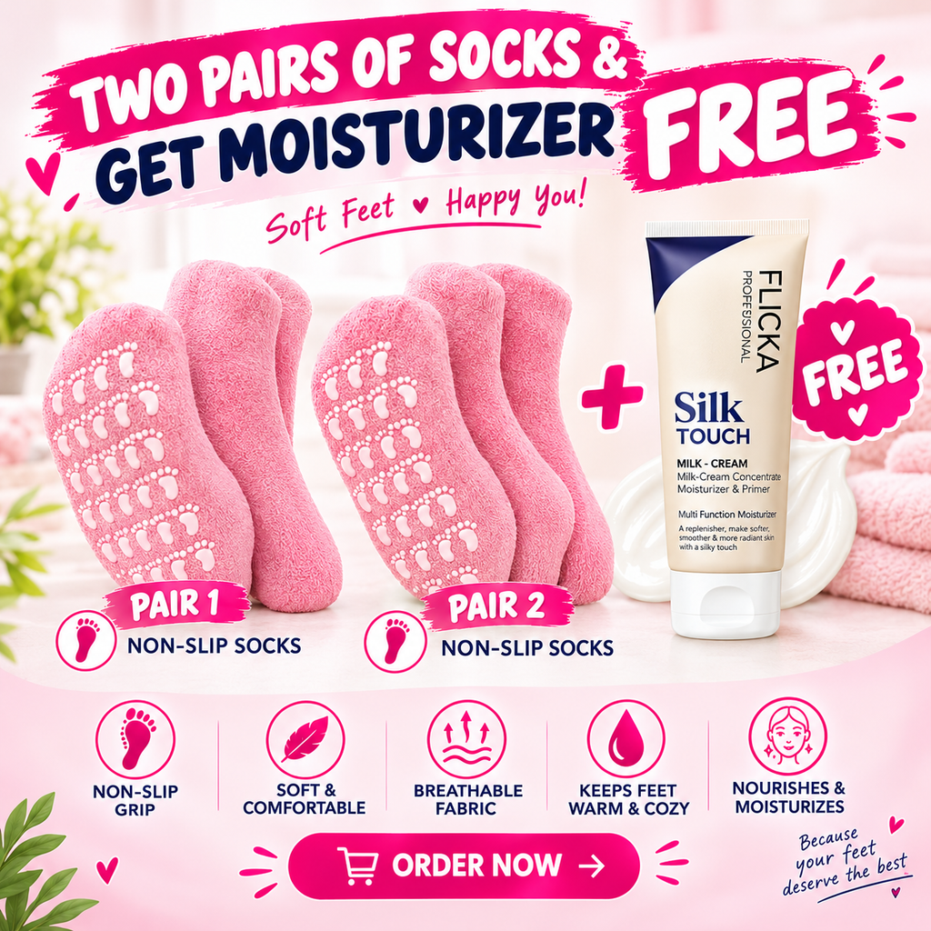 Pink non-slip socks with FLICKA Silk Touch moisturizer bundle