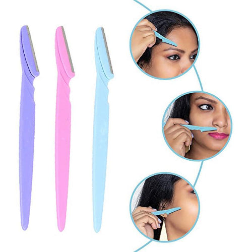 Colorful facial hair removal razors shown in purple, pink, and blue, with illustrations demonstrating precise eyebrow, upper lip, and facial hair grooming.