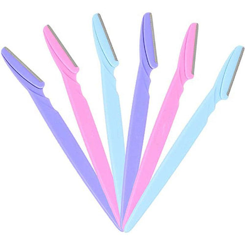 Colorful facial hair removal razors shown in purple, pink, and blue, with illustrations demonstrating precise eyebrow, upper lip, and facial hair grooming.