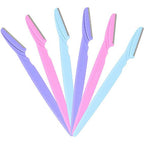 Colorful facial hair removal razors shown in purple, pink, and blue, with illustrations demonstrating precise eyebrow, upper lip, and facial hair grooming.