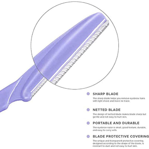 Colorful facial hair removal razors shown in purple, pink, and blue, with illustrations demonstrating precise eyebrow, upper lip, and facial hair grooming.